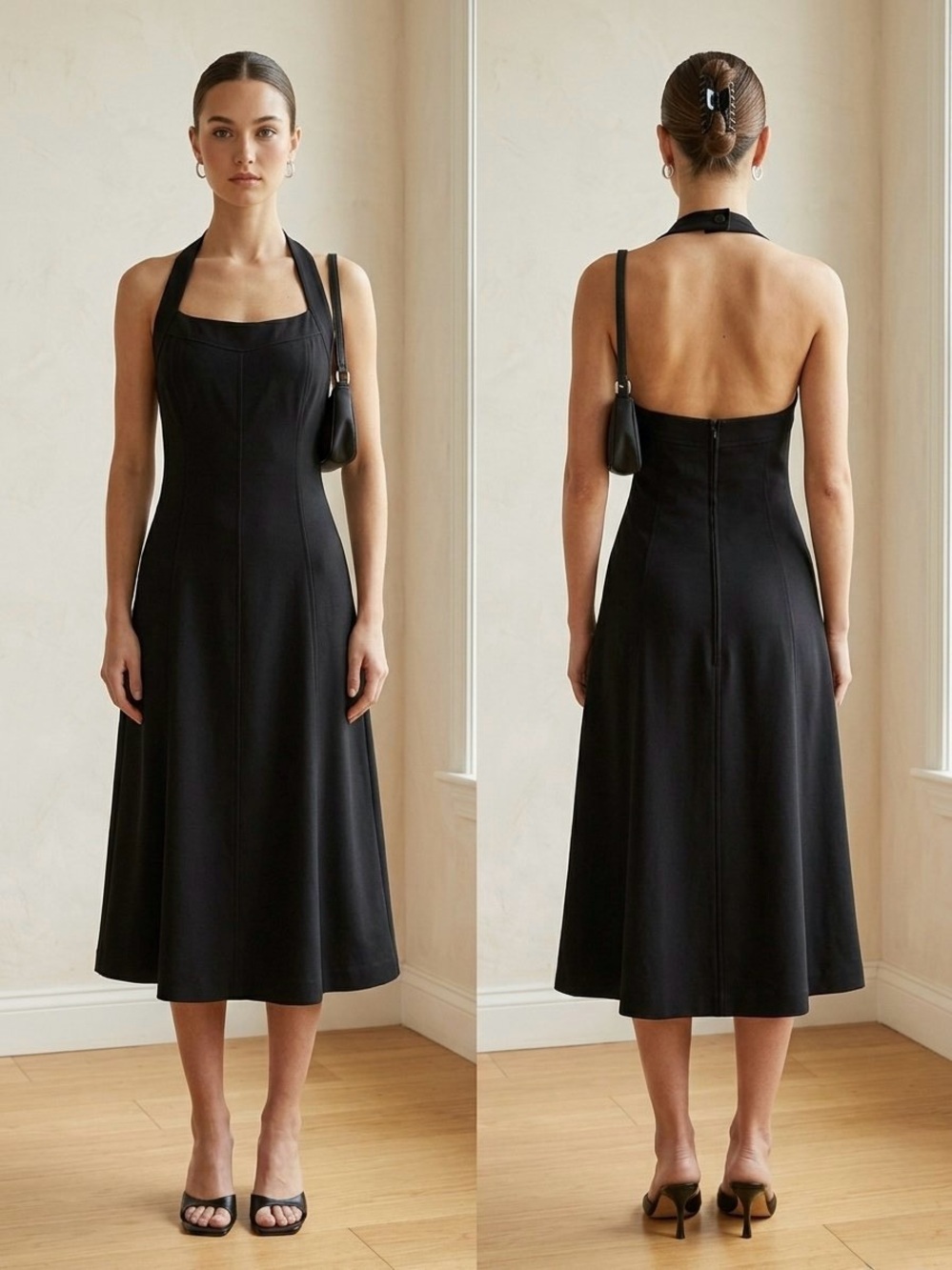 VTG Benetton Black Halter Dress Italy 90s Y2K Square Neck Italy M Modern S